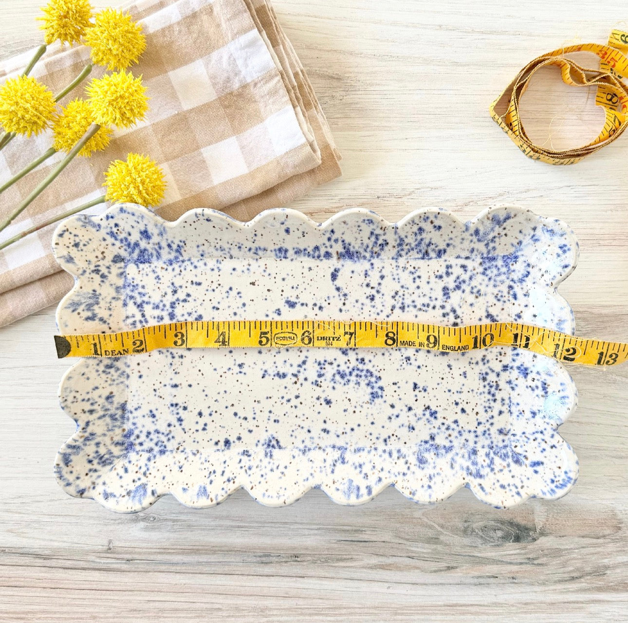 Scalloped Rectangle Serving Platter, blue splatterware