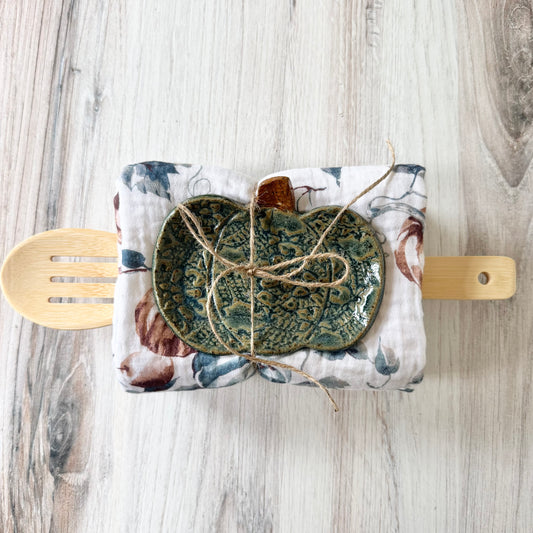 Pumpkin spoon rest bundle, antique blue on brown clay