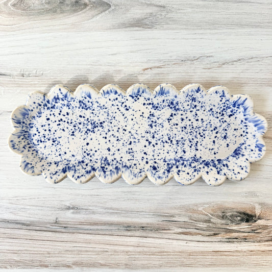 Oblong scalloped platter, blue splatterware