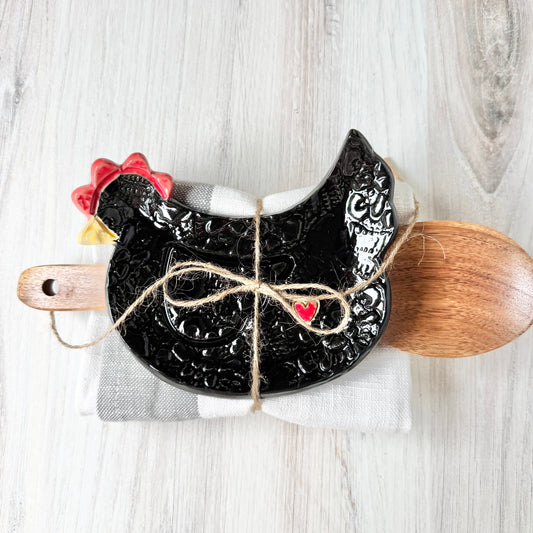 Chicken w/a heart spoon rest bundle, black