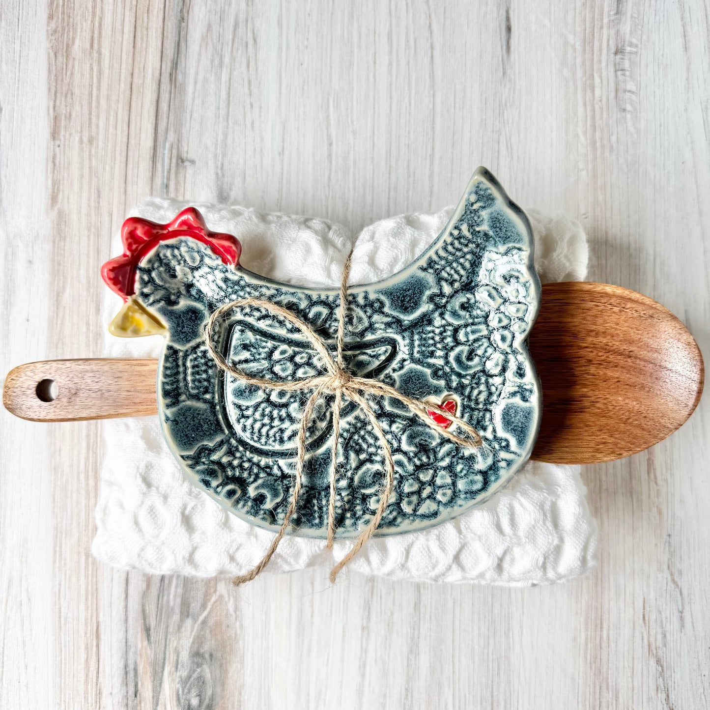 Chicken w/a heart spoon rest bundle, antique blue