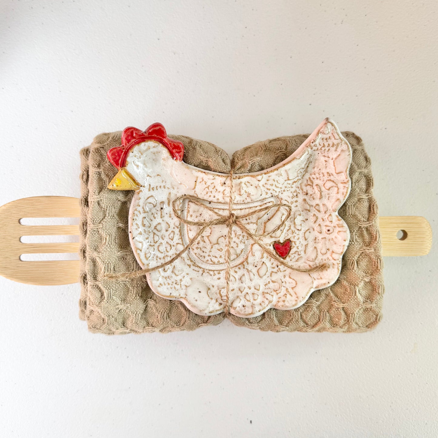Ruffle-butt chicken spoon rest bundle, white on brown clay