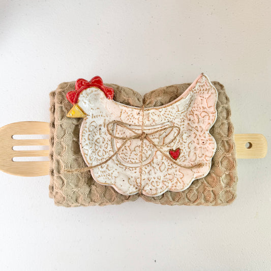 Ruffle-butt chicken spoon rest bundle, white on brown clay