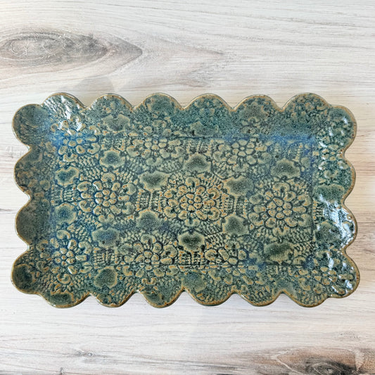 Rectangular scalloped platter, antique blue
