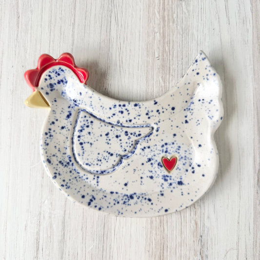 Chicken w/a heart spoon rest, blue splatterware