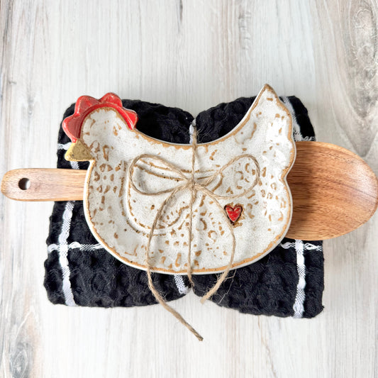 Chicken w/a heart spoon rest bundle, white on brown clay