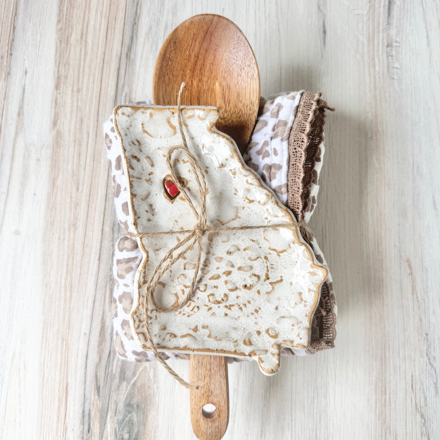 Georgia w/a heart spoon rest bundle, white on brown clay