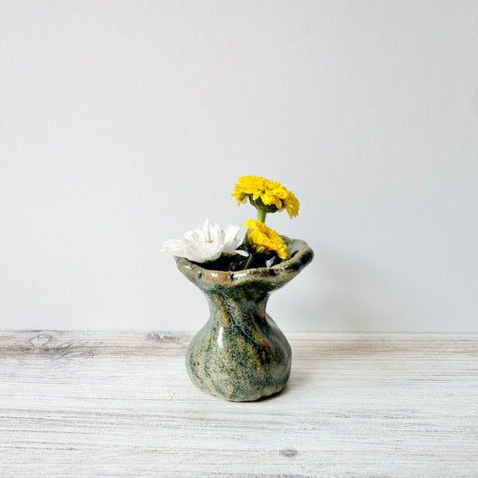 Mini vase, antique blue on brown clay