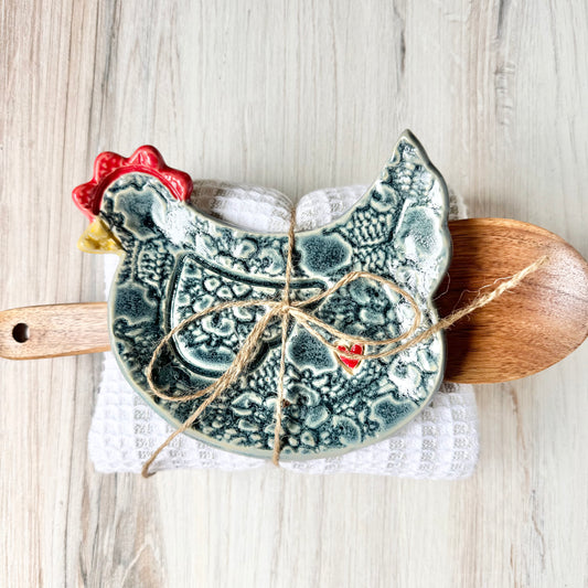 Chicken w/a heart spoon rest bundle, antique blue