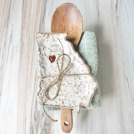 Georgia w/a heart spoon rest bundle, white on brown clay