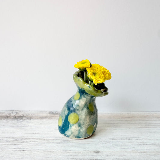 Mini vase, hand painted, wonky, blue/green