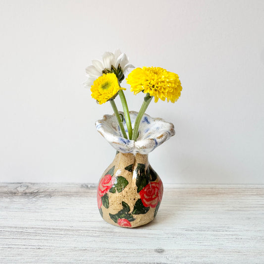 Mini vase, floral decal, blue splatterware