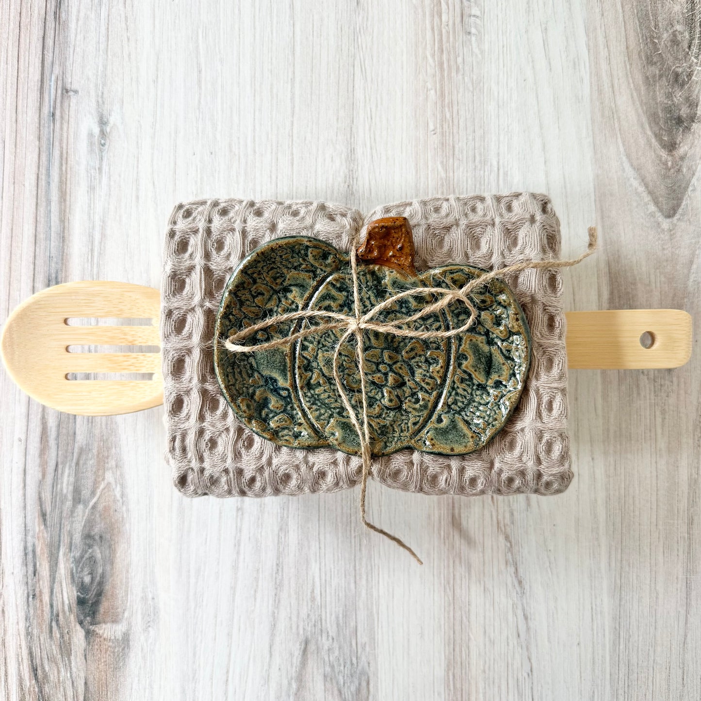 Pumpkin spoon rest bundle, antique blue on brown clay