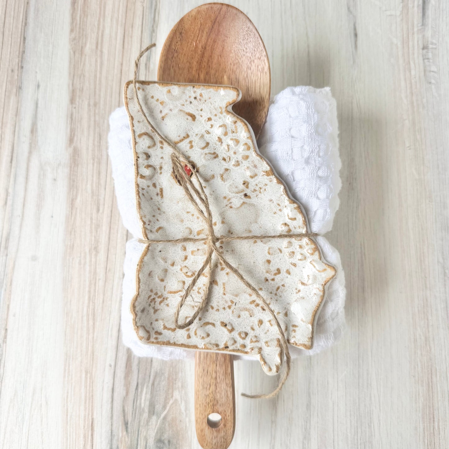 Georgia w/a heart spoon rest bundle, white on brown clay