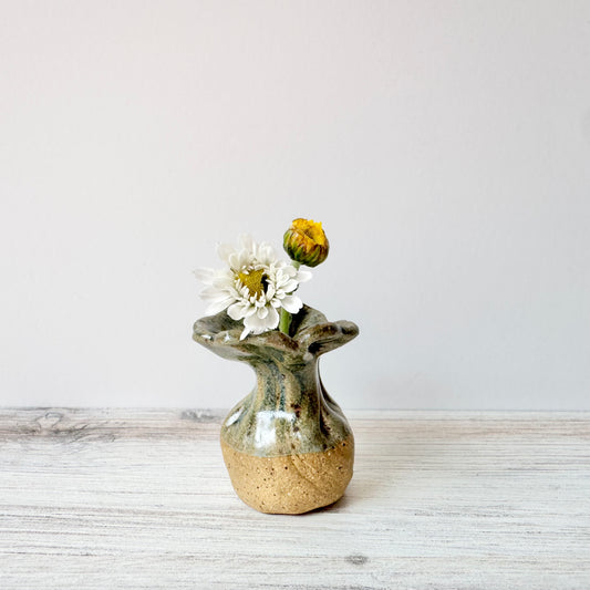 Mini vase, half antique blue, half naked clay
