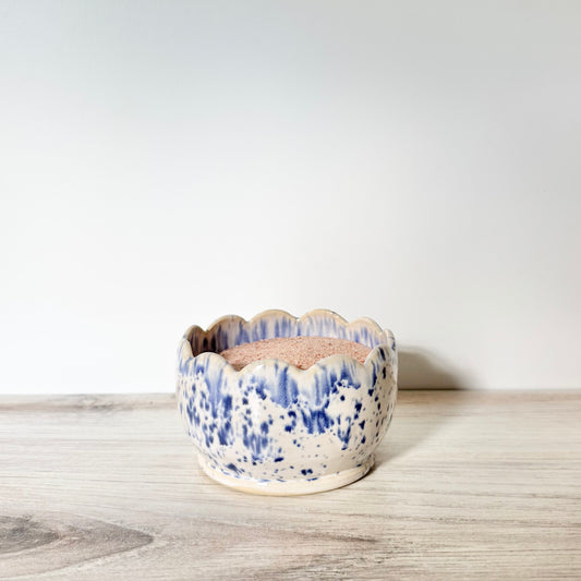 Salt bowl, blue splatterware