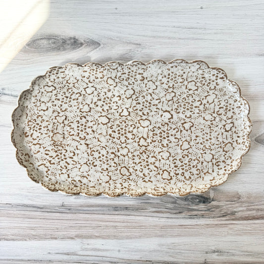 XL scalloped platter, white on brown clay