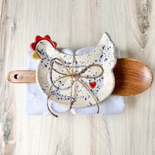 Chicken w/a heart spoon rest bundle, blue splatterware