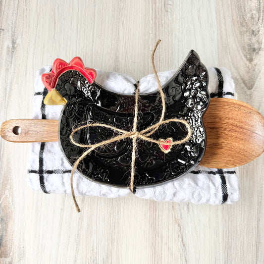 Chicken w/a heart spoon rest bundle, black