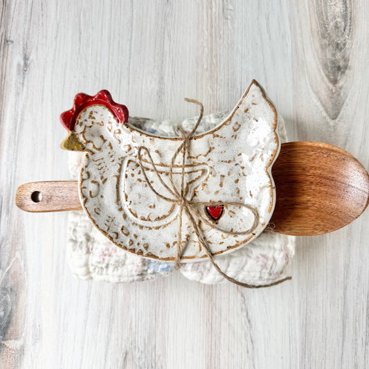 Chicken w/a heart spoon rest bundle, white on brown clay