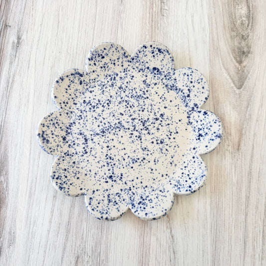 Scalloped plate, blue splatterware