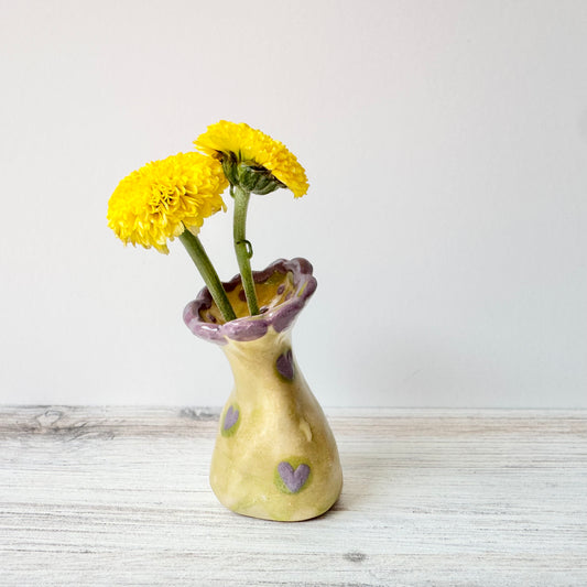 Mini vase, hand painted, wonky, yellow/green/purple