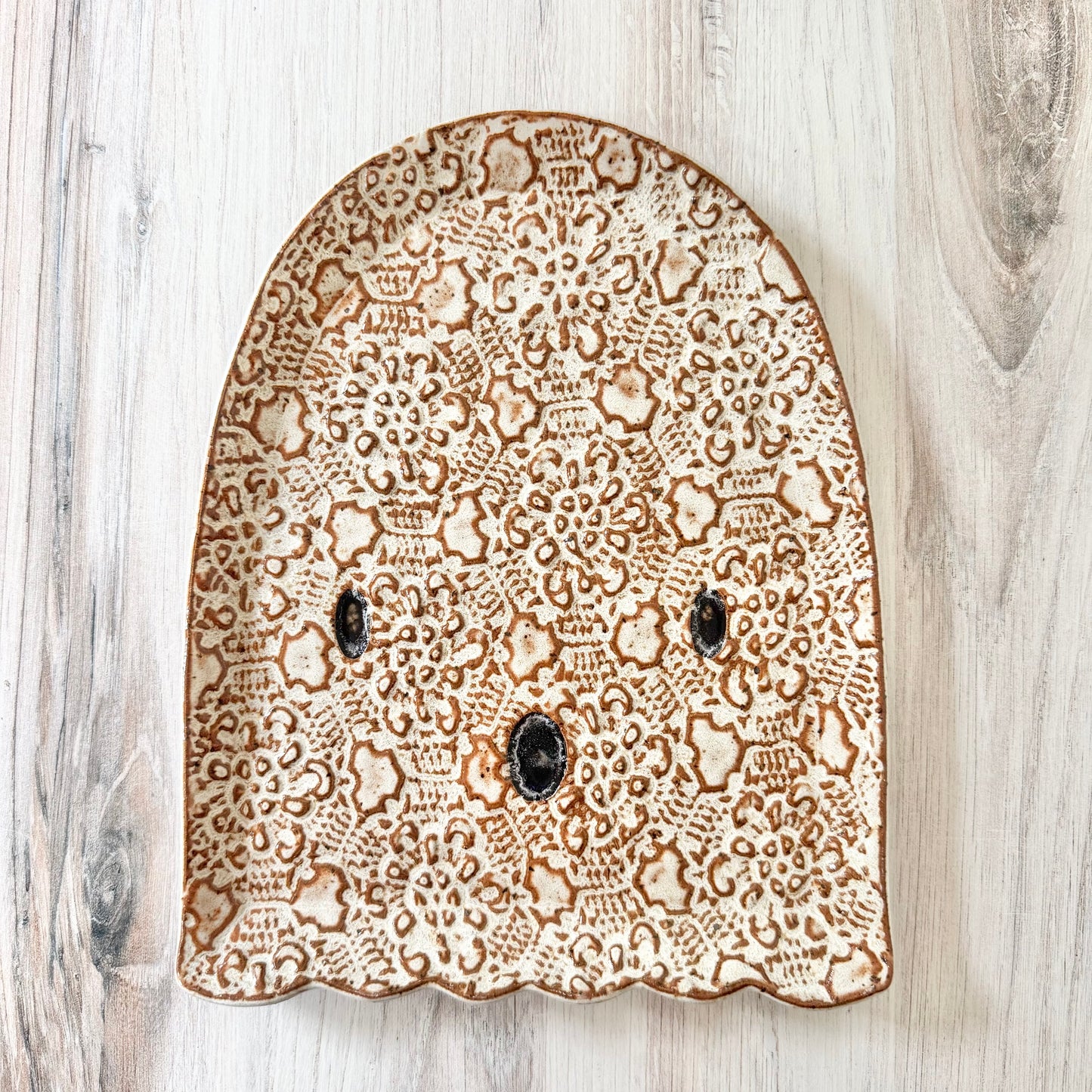 Ghost No. 2 Platter, white on dark brown clay