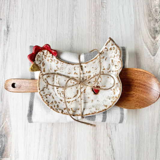 Chicken w/a heart spoon rest bundle, white on brown clay