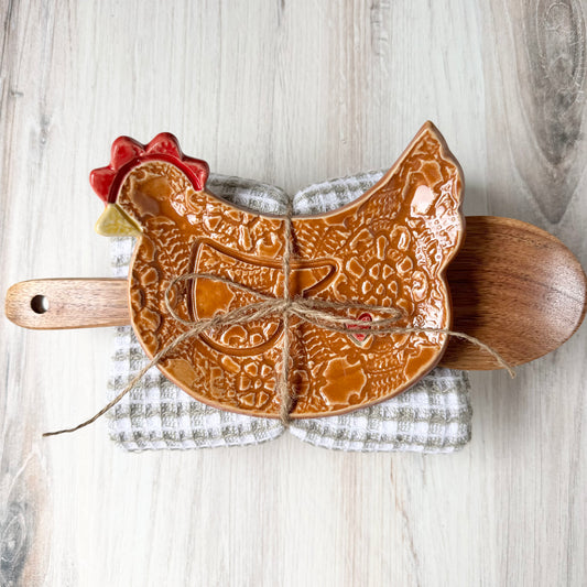 Chicken w/a heart spoon rest bundle, brown