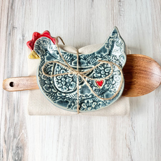 Chicken w/a heart spoon rest bundle, antique blue