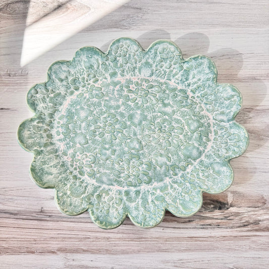 Oval scalloped platter, minty green